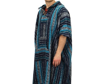 Blau Weiß Lange Poncho 100% gewebte Baumwolle Gheri mexikanischen Stil mit Kapuze