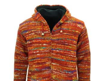 Hand Knitted Wool Cardigan Fleece Lined Zip Jacket Space Dye Hoodie Bright Red Mix Warm Woolly Winter Nepal Handmade Men Women Unisex