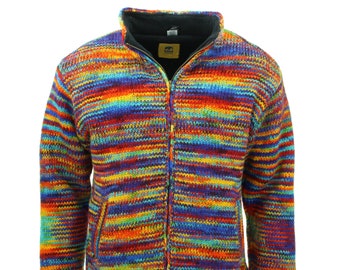 Hand Knitted Wool Jacket Cardigan Hoodie Space Dye Rainbow Nepal Warm Lined Woolly Winter Layer Ethnic Zip Handmade Men Women Unisex