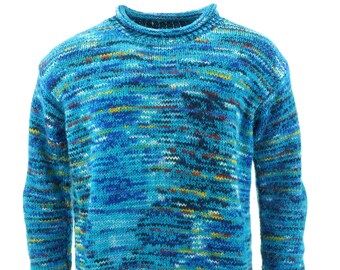 Handmade Space Dye Bright Blue Mix Chunky Wool Jumper Knitted Loose 100% Wool Knit Rolled Crew Neck Warm Sweater Men Women