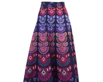 Long Indian Block Print Purple Mandala Maxi Wrap Skirt Tie Waist Handmade Cotton Womens Ladies Summer India Boho Pattern