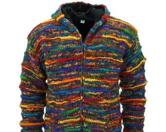 Hand Knitted Wool Cardigan Fleece Lined Zip Jacket Space Dye Rainbow Ribbed Hoodie Bright Thick Warm Woolly Winter Nepal Handmade Men Women