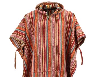 Blood Orange Poncho 100% Woven Cotton Gheri Mexican Style Hooded