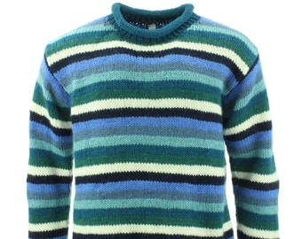 Handmade Chunky Wool Knit Stripe Blue Green Teal Jumper Knitted Loose 100% Wool Rolled Crew Neck Sweater Roll Men Women