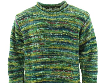 Handmade Space Dye Green Mix Chunky Wool Jumper Knitted Loose 100% Wool Knit Rolled Crew Neck Warm Sweater Men Women