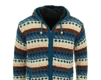 Hand Knitted Wool Cardigan Fleece Lined Zip Jacket Striped Bright Pink Blue Brown Pattern Hoodie Warm Woolly Winter Nepal Handmade Men Women