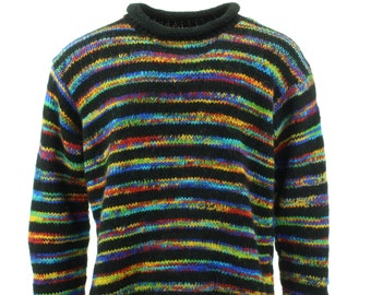 Handmade Chunky Wool Knit Black Rainbow Stripe Jumper Knitted Loose 100% Wool Rolled Crew Neck Sweater Roll Men Women
