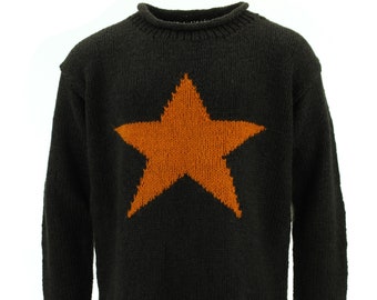 Handmade Wool Jumper Knitted Star Loose Chunky 100% Wool Knit Rolled Crew Neck Sweater Roll Brown Mustard