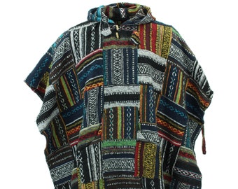Patchwork Poncho 100% Woven Cotton Gheri Mexican Style Hooded