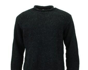 Handmade Plain Charcoal Wool Jumper Knitted Loose Chunky Warm 100% Wool Knit Pullover Rolled Crew Neck Sweater
