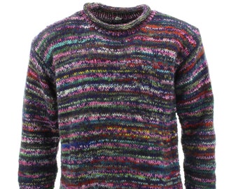 Handmade Space Dye Purple Mix Chunky Wool Jumper Knitted Loose 100% Wool Knit Rolled Crew Neck Warm Sweater Men Women