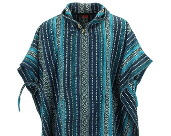 Blau Weiß Poncho 100% gewebte Baumwolle Gheri mexikanischen Stil mit Kapuze