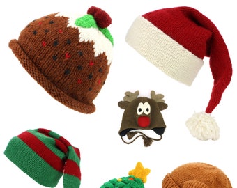 Hand Knitted Wool Christmas Hats Pudding Tree Santa Elf Turkey Beanie Bobble Fleece Lined Men Ladies Warm Winter Lining