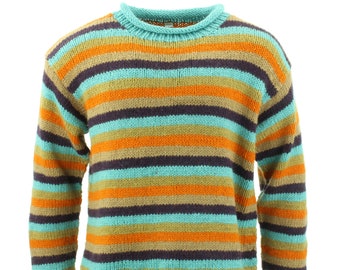 Handmade Chunky Wool Knit Stripe Retro A Jumper Knitted Loose 100% Wool Rolled Crew Neck Sweater Roll Men Women