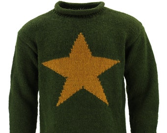 Handmade Wool Jumper Knitted Star Loose Chunky 100% Wool Knit Rolled Crew Neck Sweater Roll Racing Green Mustard Gold