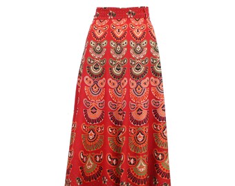 Long Indian Block Print Red Mandala Maxi Wrap Skirt Tie Waist Handmade Cotton Womens Ladies Summer India Boho Pattern