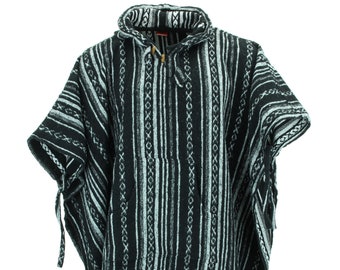 Black Diamond Poncho 100% Woven Cotton Gheri Mexican Style Hooded