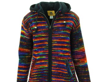 Ladies Hand Knitted Wool Jacket Cardigan Hoodie Space Dye Black Rainbow Warm Lined Woolly Winter Layer Ethnic Zip Handmade Women