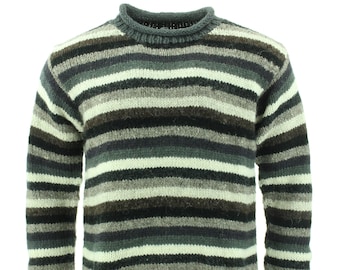 Handmade Chunky Wool Knit Stripe Grey Jumper Knitted Loose 100% Wool Rolled Crew Neck Sweater Roll Men Women