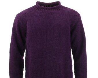 Handmade Plain Purple Plum Grape Wool Jumper Knitted Loose Chunky Warm 100% Wool Knit Pullover Rolled Crew Neck Sweater