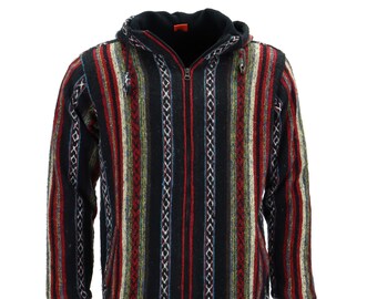 Black Red Diamond Pattern Fleece Lined Soft Brushed Cotton Hooded Cardigan - Warm Nepalese Hoodie Hippy Jacket Hoody Zip Pockets Unisex