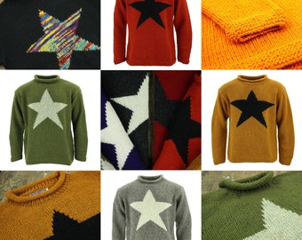 Hand Knitted Wool Star Jumper Loose Chunky Knit 100% Wool Rolled Crew Neck Sweater Men Women Red Green Navy Black Cream Mustard Grey