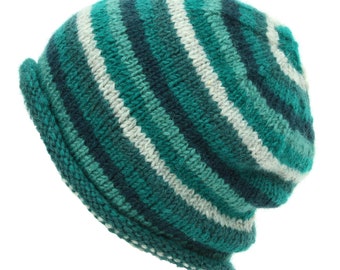 Hand Knitted Warm Roll Brim Beanie Hat Colourful Wool Knit Fleece Lined Bright Striped Teal Green Pattern Winter Lining Men Ladies