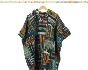 100% Woven Cotton Gheri Mexican Style Hooded Long Shin Length Poncho