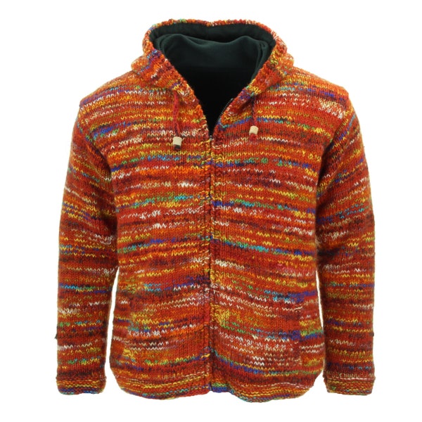 Hand Knitted Wool Cardigan Fleece Lined Zip Jacket Space Dye Hoodie Bright Red Mix Warm Woolly Winter Nepal Handmade Men Women Unisex