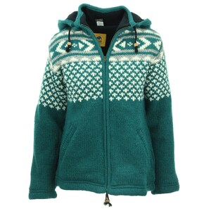 Ladies Hand Knitted Wool Jacket Cardigan Hoodie Fairisle Teal Warm Lined Woolly Winter Layer Ethnic Zip Handmade Women