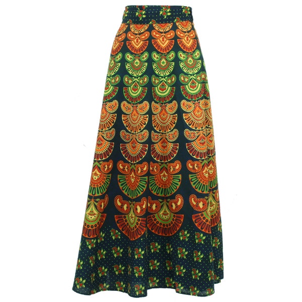 Long Indian Block Print Green Mandala Maxi Wrap Skirt Tie Waist Handmade Cotton Womens Ladies Summer India Boho Pattern