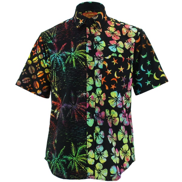 Loud Originals Random Mixed Black Batik Panel Regular Fit Short Sleeve Men's Shirt Bold Colourful Print Funky Bright Pattern Hawaiian Floral