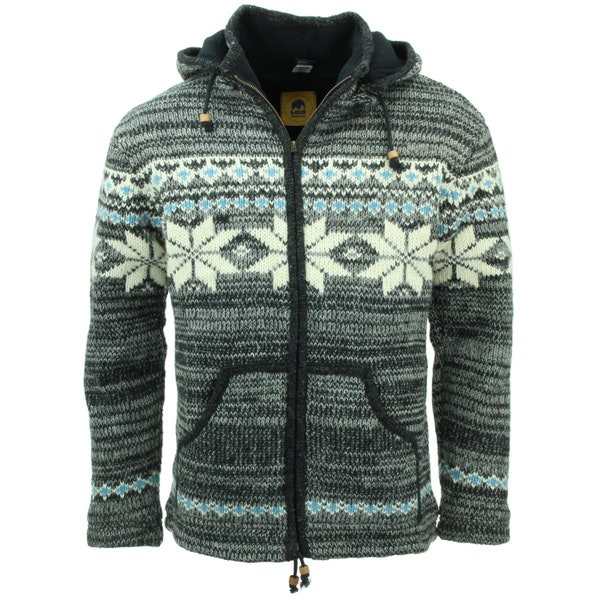 Hand Knitted Wool Jacket Cardigan Hoodie Fairisle Grey Nepal Warm Lined Woolly Winter Layer Ethnic Zip Handmade Men Women Unisex