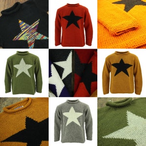 Hand Knitted Wool Star Jumper Loose Chunky Knit 100% Wool Rolled Crew Neck Sweater Men Women Red Green Navy Black Cream Mustard Grey