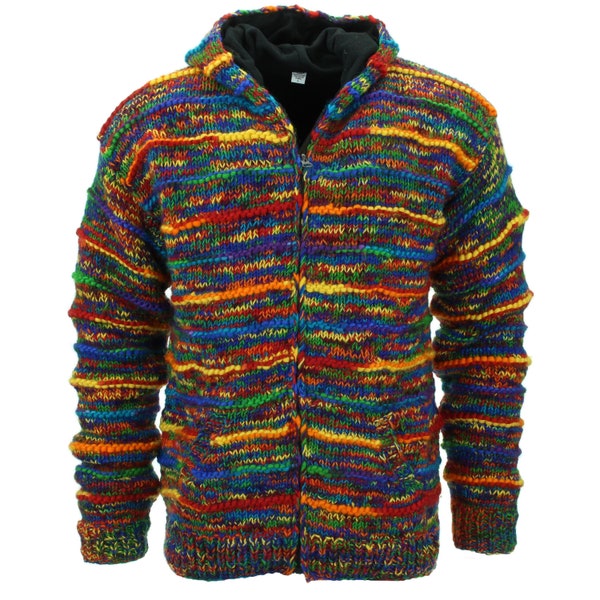 Hand Knitted Wool Cardigan Fleece Lined Zip Jacket Space Dye Rainbow Ribbed Hoodie Bright Thick Warm Woolly Winter Nepal Handmade Men Women