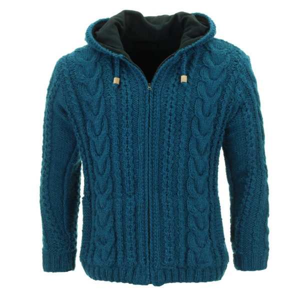 Hand Knitted Wool Cable Knit Cardigan Teal Blue Chunky Knit Hooded Jacket Warm Fleece Lined Hoodie Nepal Winter Woolly Zip Men Women Unisex