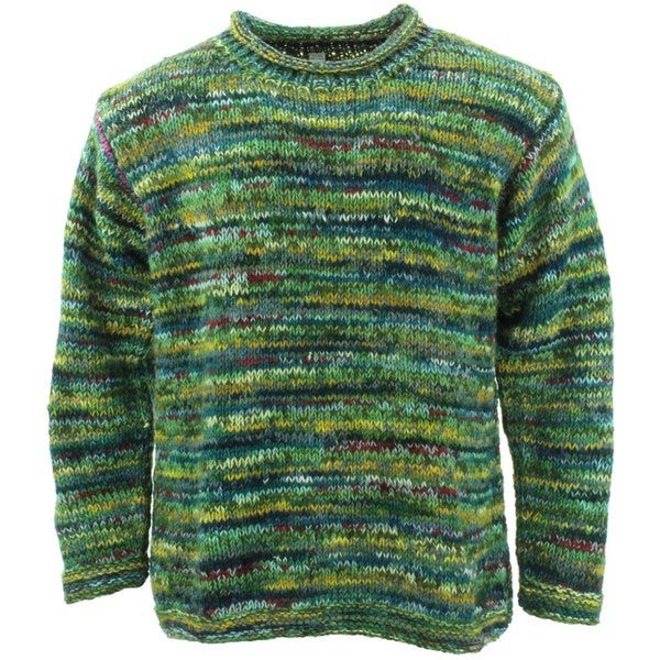 Handmade Space Dye Green Mix Chunky Wool Jumper Knitted Loose 100% Wool Knit Rolled Crew Neck Warm Sweater Men Women