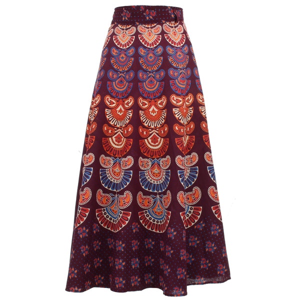 Long Indian Block Print Maroon Red Mandala Maxi Wrap Skirt Tie Waist Handmade Cotton Womens Ladies Summer India Boho Pattern