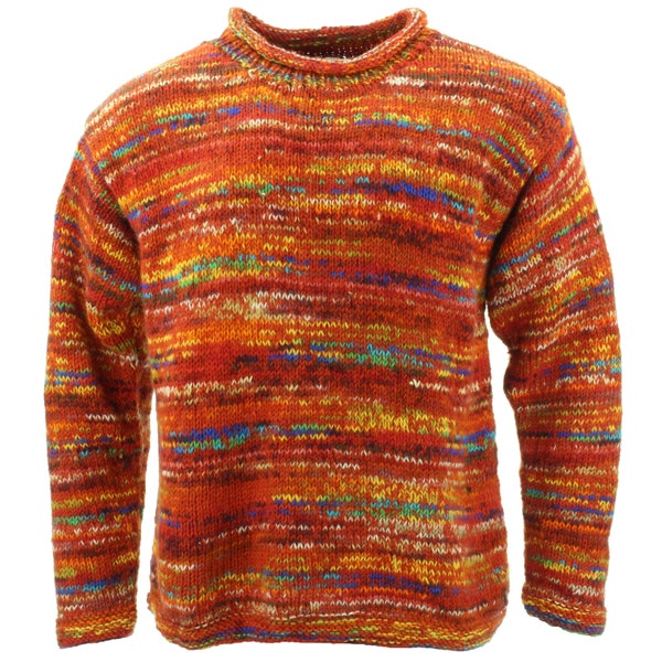 Handmade Space Dye Red Mix Chunky Wool Jumper Knitted Loose 100% Wool Knit Rolled Crew Neck Warm Sweater Men Women