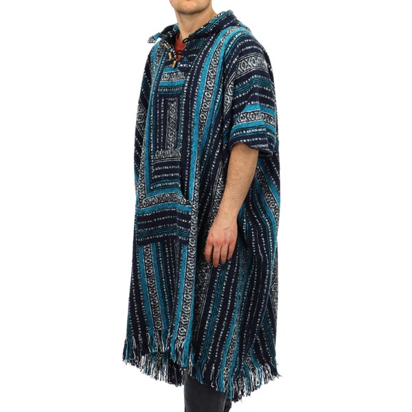 Blue White Long Poncho 100% Woven Cotton Gheri Mexican Style Hooded