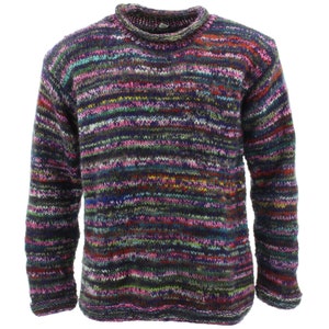 Handmade Space Dye Purple Mix Chunky Wool Jumper Knitted Loose 100% Wool Knit Rolled Crew Neck Warm Sweater Men Women