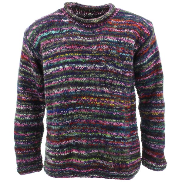 Handmade Space Dye Purple Mix Chunky Wool Jumper Knitted Loose 100% Wool Knit Rolled Crew Neck Warm Sweater Men Women