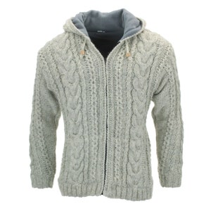 Hand Knitted Wool Cable Knit Cardigan Light Grey Chunky Knit Hooded Jacket Warm Fleece Lined Hoodie Nepal Winter Woolly Zip Men Women Unisex