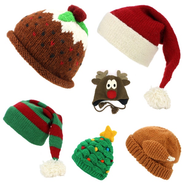 Hand Knitted Wool Christmas Hats Pudding Tree Santa Elf Turkey Beanie Bobble Fleece Lined Men Ladies Warm Winter Lining