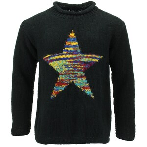 Handmade Wool Jumper Knitted Star Loose Chunky 100% Wool Knit Rolled Crew Neck Sweater Roll Black Rainbow Space Dye