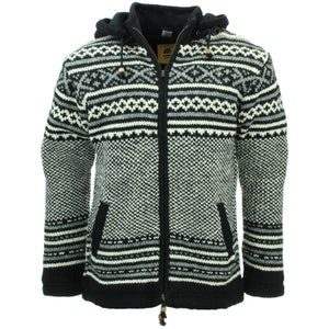 Hand Knitted Wool Jacket Cardigan Hoodie Fairisle Charcoal Nepal Warm Lined Woolly Winter Layer Ethnic Zip Handmade Men Women Unisex