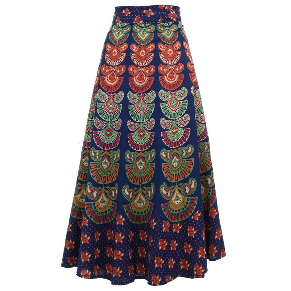 Long Indian Block Print Blue Mandala Maxi Wrap Skirt Tie Waist Handmade Cotton Womens Ladies Summer India Boho Pattern