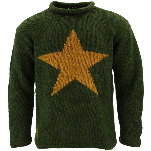 Handmade Wool Jumper Knitted Star Loose Chunky 100% Wool Knit Rolled Crew Neck Sweater Roll Racing Green Mustard Gold