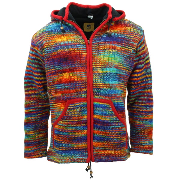 Hand Knitted Wool Jacket Cardigan Hoodie Rainbow Space Dye Nepal Warm Lined Woolly Winter Layer Ethnic Zip Handmade Men Women Unisex