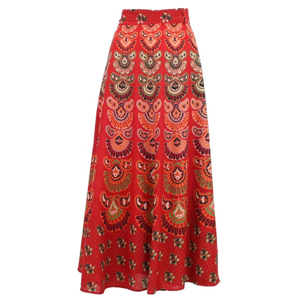 Long Indian Block Print Red Mandala Maxi Wrap Skirt Tie Waist Handmade Cotton Womens Ladies Summer India Boho Pattern
